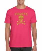 Piraten shirt foute party verkleed carnavalspak carnavalspak goud glitter roze heren